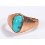 Yellow metal turquoise set ring, ring size M