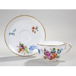 John Mortlock Mintons cabinet porcelain cup and saucer, hand painted with flower sprigs to the cup