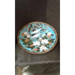 Japanese cloisonne plate decorated with two flying herons. 30cm diameter