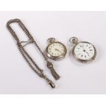 Two openface pocket watches, together with a watch chain, (3)