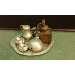 FMS Malayan pewter tea set comprising of tea pot hot water jug, milk jug and sugar bowl set on a