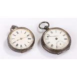 Two silver openface pocket watches, both with white enamel dials, (2)