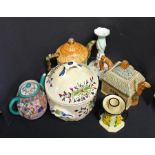 Collection of tea pots, to include cottage examples, a Japanese example, a Limoges candlestick,