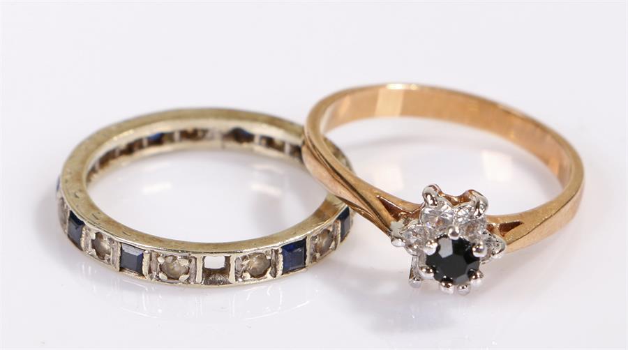 Yellow metal sapphire set ring, together with an eternity ring, (2)