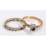 Yellow metal sapphire set ring, together with an eternity ring, (2)