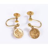 9 carat gold pair of earrings, with St Christopher to the drops, 1.3 grams