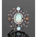 Late 19th Century opal and diamond set brooch, with a central opal and diamond surround, leaf