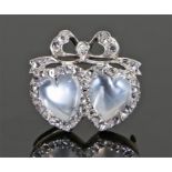 Diamond and moonstone brooch, the moonstone carved as hearts with a diamond and bow surround,