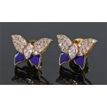 Pair of 18 carat gold, diamond and enamel earrings, each as butterflies with a naiveté diamond to