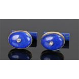 Pair of diamond set lapis lazuli cufflinks, the oval heads with a central diamond set to silver gilt