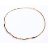 18 carat gold, emerald, ruby, sapphire and diamond set necklace, with bands of the gemstones to