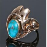 Rudolf Feldman, a turquoise set ring with an arched head and scroll design, ring size S