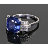 Platinum diamond and synthetic sapphire ring, the central synthetic sapphire with twenty square