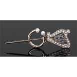 Irish harp stick pin, set with pearls and diamonds, 50mm high