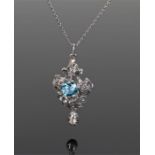 Diamond and zircon pendant, the blue zircon with a diamond surround set to a fret body, 32mm long