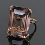 9 carat gold smoky quartz ring, the emerald cut smoky quartz faceted stone set with four claws, ring