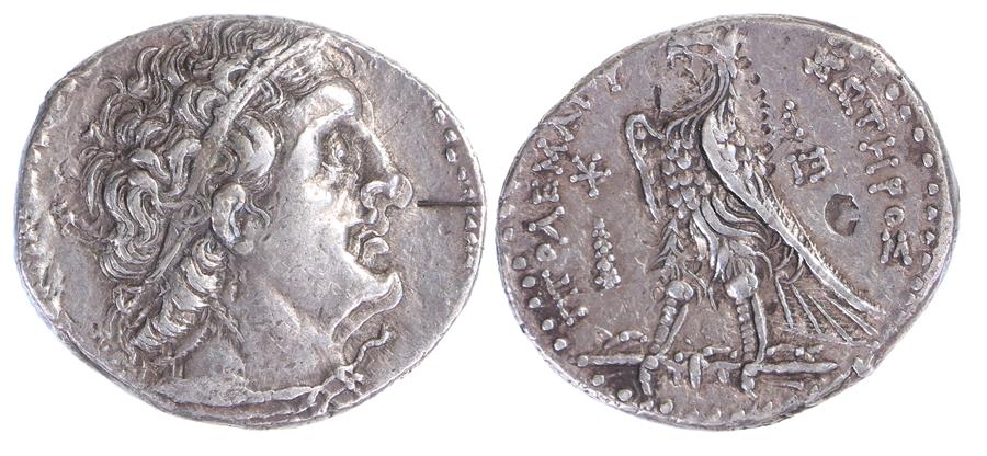 Ptolemy Tetradrachm, first 305-283 B.C. Eagle reverse, Sacred to Zeus