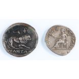 Vespasian silver Denarius, Salus seated left, holding patera, together with another coin, (2)