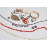 Jewellery, to include earrings, a 9 carat gold ring, necklaces, coral necklace a bangle, ring,