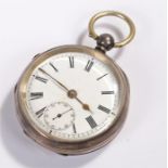 Silver open face pocket watch, the white enamel dial with black Roman hours and subsidiary seconds