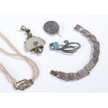 Stone set pendant, set with various stones, together with a turquoise coloured bead brooch a pearl