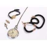 Watches, to include a pocket watch, a ladies wristwatch, watch key and strung watch chain