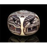19th Century ivory Ryusa Manju netsuke pierced and carved with houses and pine trees 35mm diameter