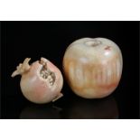 Japanese carved ivory apple, 4.5cm high, Japanese carved ivory pomegranate, 4.5cm wide, 3.5cm