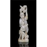 Early 20th Century marine ivory Okimono, the figure holding a bird above his head, character mark to