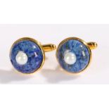 Pair of lapis lazuli and pearl cufflinks, cabochon cut lapis with pearl to the top