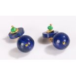 Pair of lapis lazuli and emerald cufflinks, ball and disc form