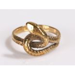 9 carat gold snake ring, with a coiled ring, 3.4 grams ring size O