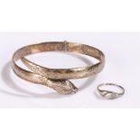 Silver snake bracelet, together with a ring, (2)