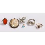 Silver jewellery, to include rings, a cameo and a pair of earrings, (qty)