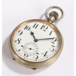 Goliath open face pocket watch, with a white enamel dial and Roman hours, the case 67mm diameter