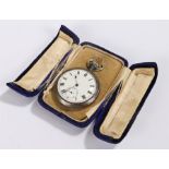 Gun metal open face pocket watch, with a white enamel dial and Roman hours, cased