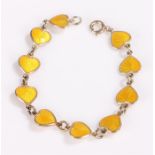 Danish Silver and enamel bracelet, with yellow enamel heart links, 16cm long