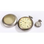 Two silver open face pocket watches, one with a white enamel dial the other smaller example with a