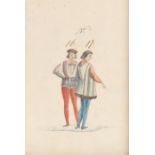 19th Century school, a cut out watercolour of two figures, numbered 16 & 17, probably theatre