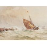 Attributed to Edwin Hayes, fishing boat in rough seas off a jetty, watercolour, in a gilt frame,