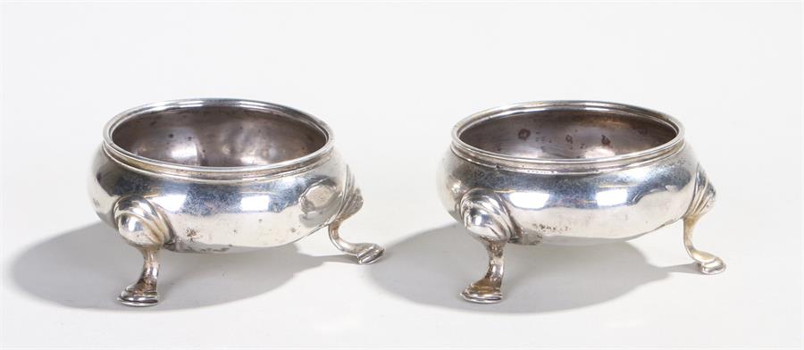 Pair George III silver salts, marks rubbed, the circular salts with cabriole legs, 3oz