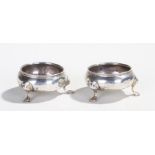 Pair George III silver salts, marks rubbed, the circular salts with cabriole legs, 3oz