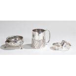 Silver objects, various dates and makers, to include a christening mug, a salt and two napkin rings,