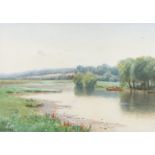 E J Duval, A river scene with boating, signed watercolour, 49cm x 34cm