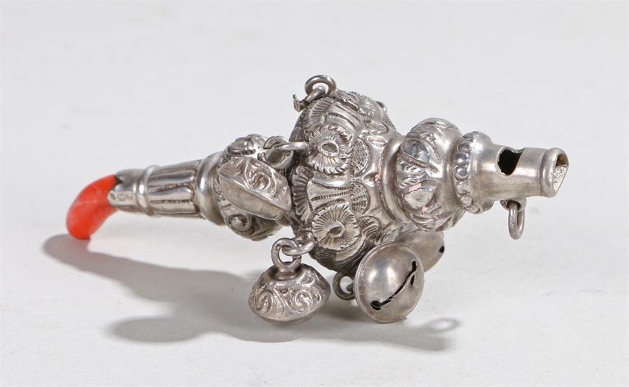 Edward VII silver rattle, Birmingham 1904, maker Hilliard & Thomason, coral end, four attached