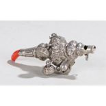 Edward VII silver rattle, Birmingham 1904, maker Hilliard & Thomason, coral end, four attached