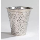 Continental silver beaker of tapering form with embossed stylised flower head and leaf decoration,