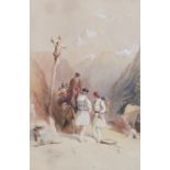 19th Century school, Travellers with a praying monk, unsigned watercolour, 17cm x 26cm