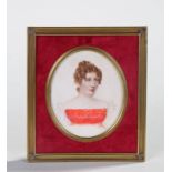 Early Victorian miniature portrait, of a lady in a lace trimmed dress, on ivory housed within a