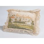 19th Century christening pillow, embroidered with a depiction of a house, with frilled lace border